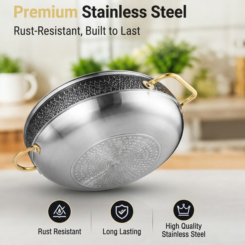 Stainless Steel Honeycomb Wok – Non-Stick Frying Pan with Double Handles