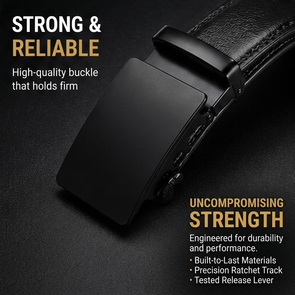 Men's Automatic Buckle Belt – Black PU Leather Ratchet Belt
