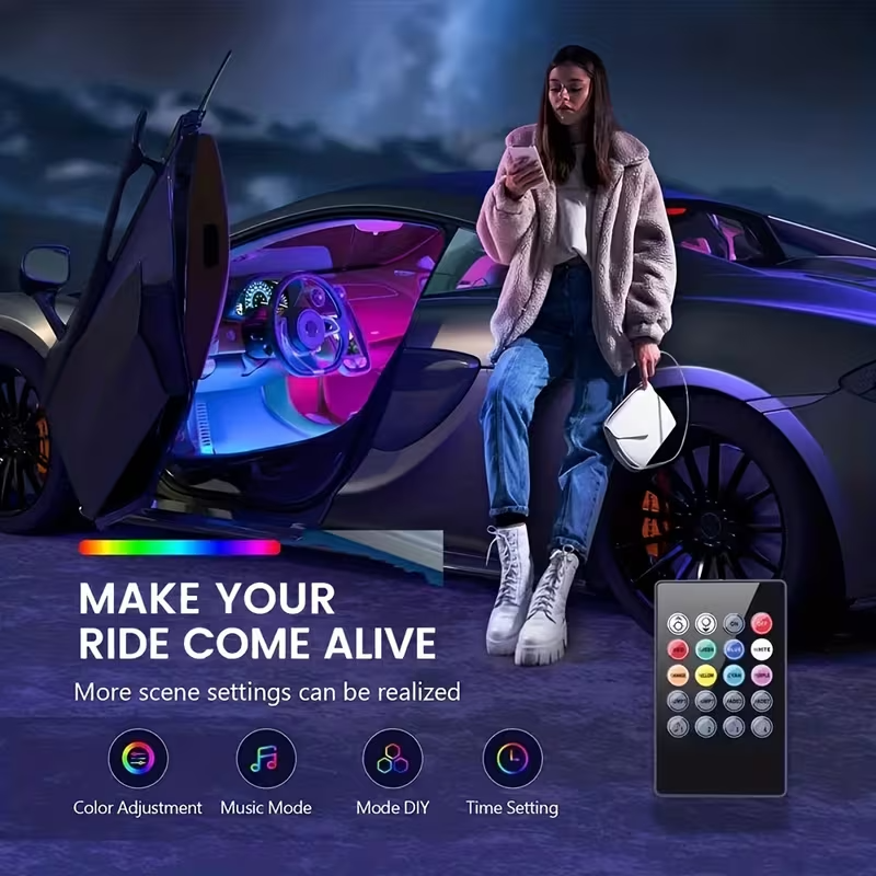 RGB Car Interior LED Strip Lights – USB Ambient Lighting with Remote