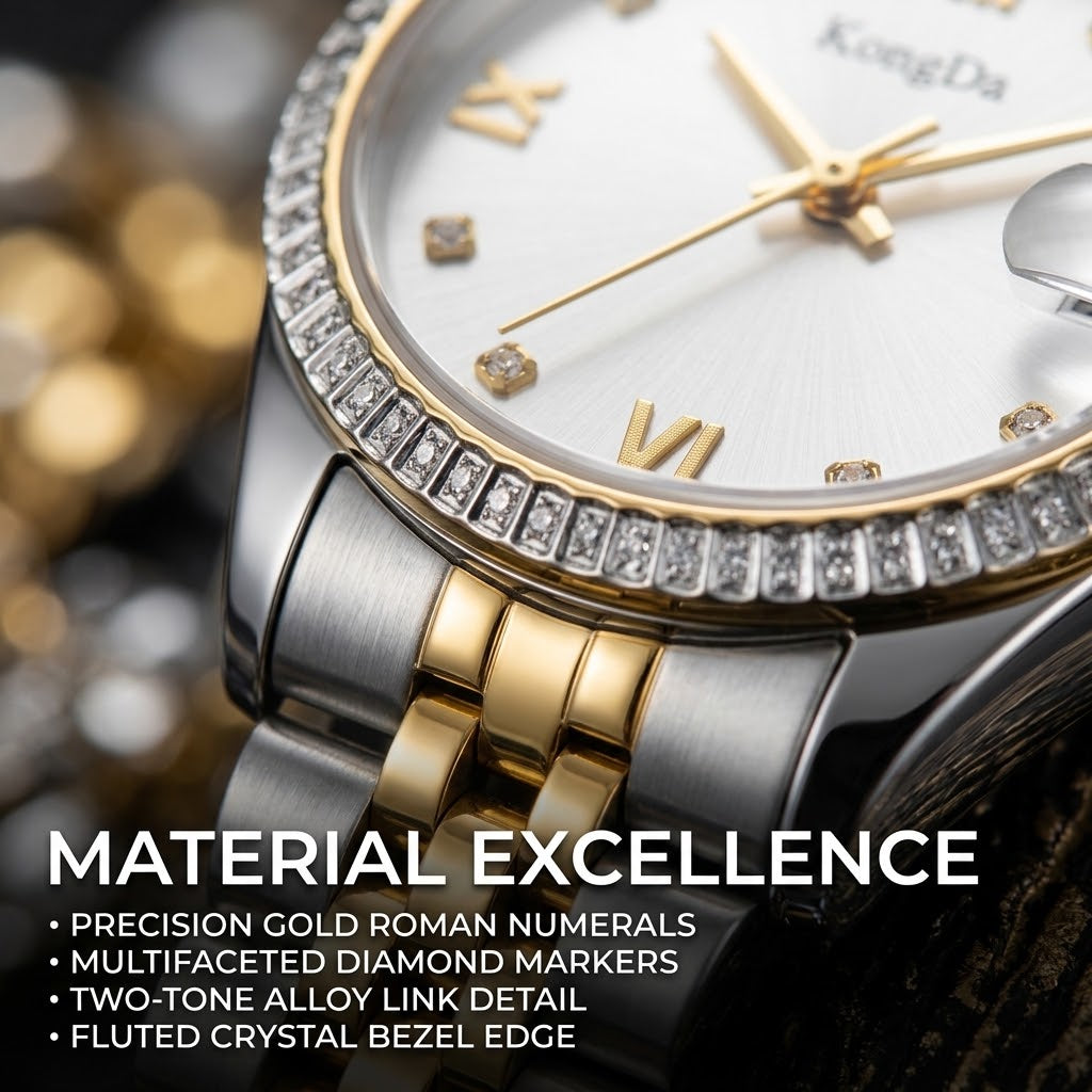 Women’s Luxury Quartz Watch – Sunray Dial, Crystal Fluted Bezel & Two-Tone Metal Bracelet
