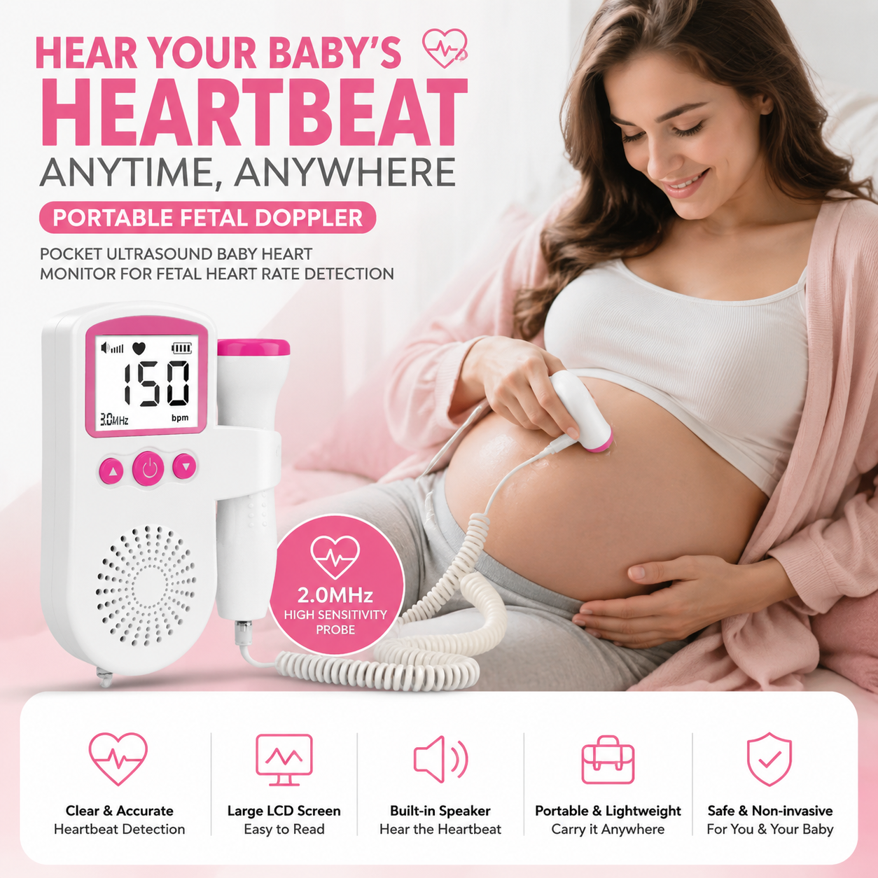 Pocket Ultrasound Baby Heart Monitor for Fetal Heart Rate Detection