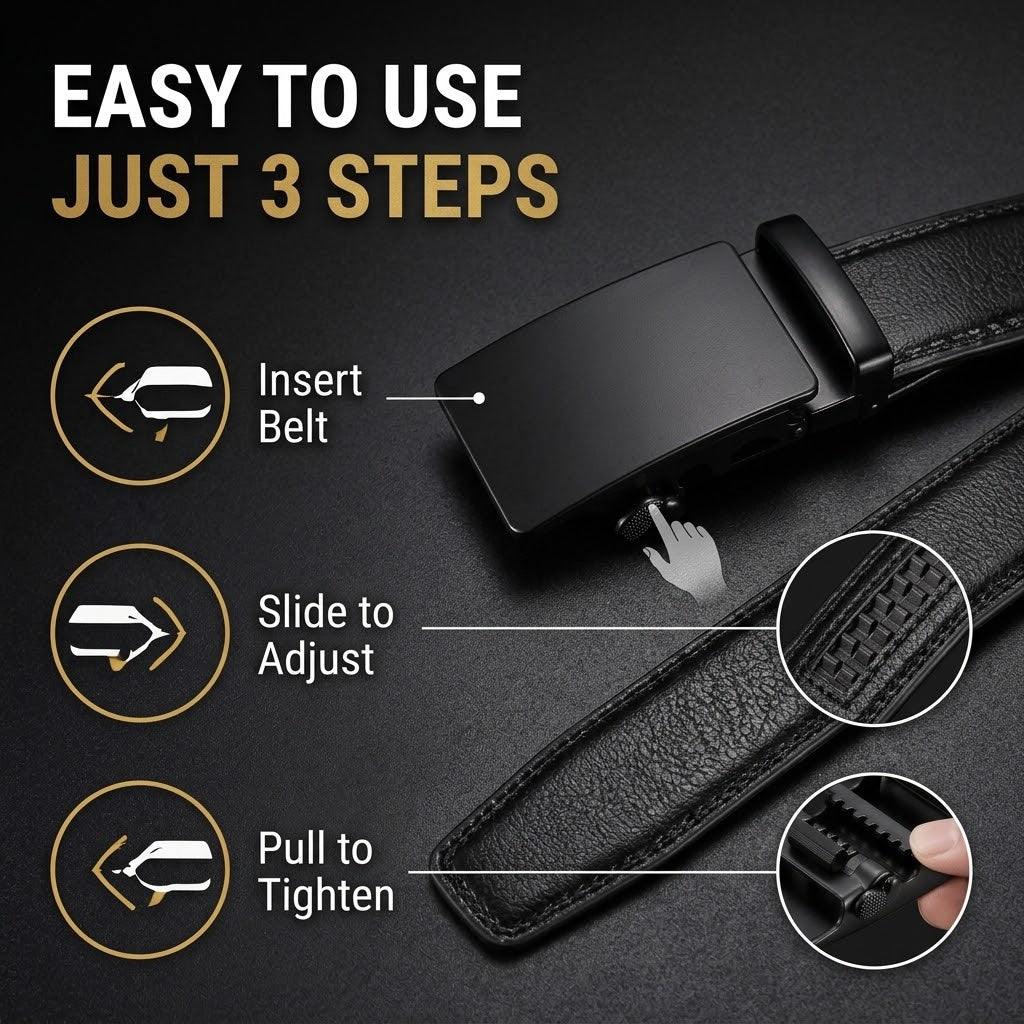 Men's Automatic Buckle Belt – Black PU Leather Ratchet Belt
