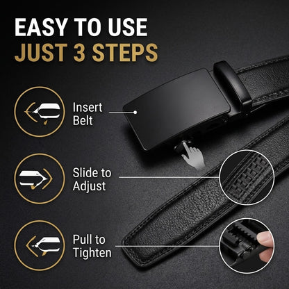 Men's Automatic Buckle Belt – Black PU Leather Ratchet Belt