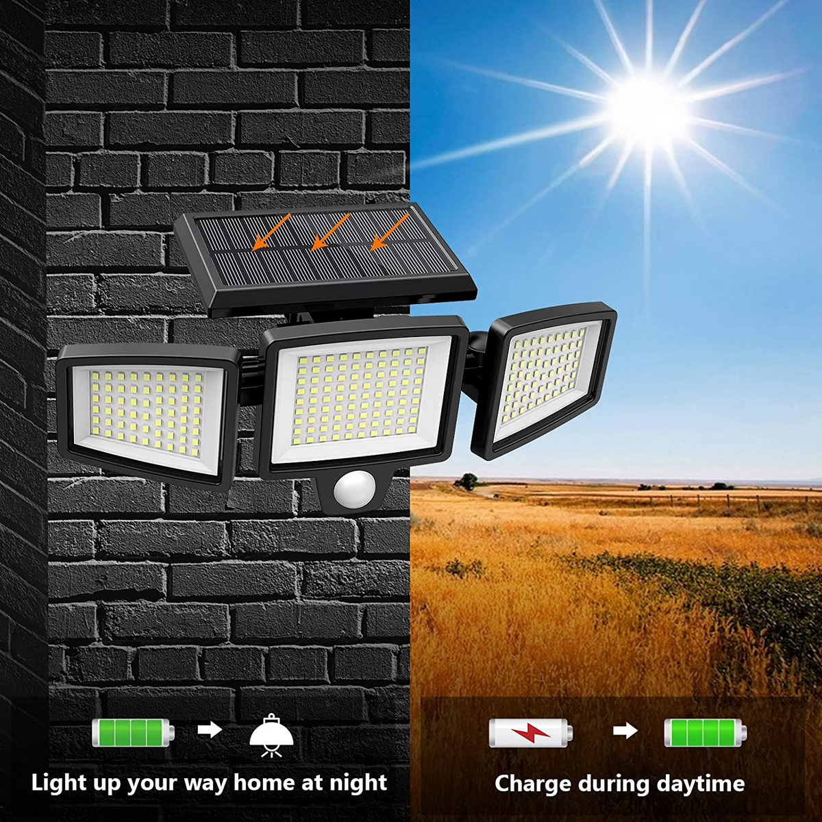 3-Head Solar Wall Lights – IP65 Waterproof Outdoor Motion Sensor Lamps