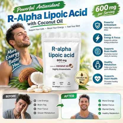 Coconut Oil Based R-Alpha Lipoic Acid Softgels – 120 Count Antioxidant Wellness Supplement