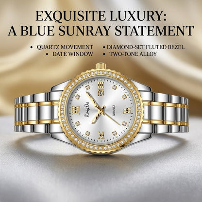 Women’s Luxury Quartz Watch – Sunray Dial, Crystal Fluted Bezel & Two-Tone Metal Bracelet