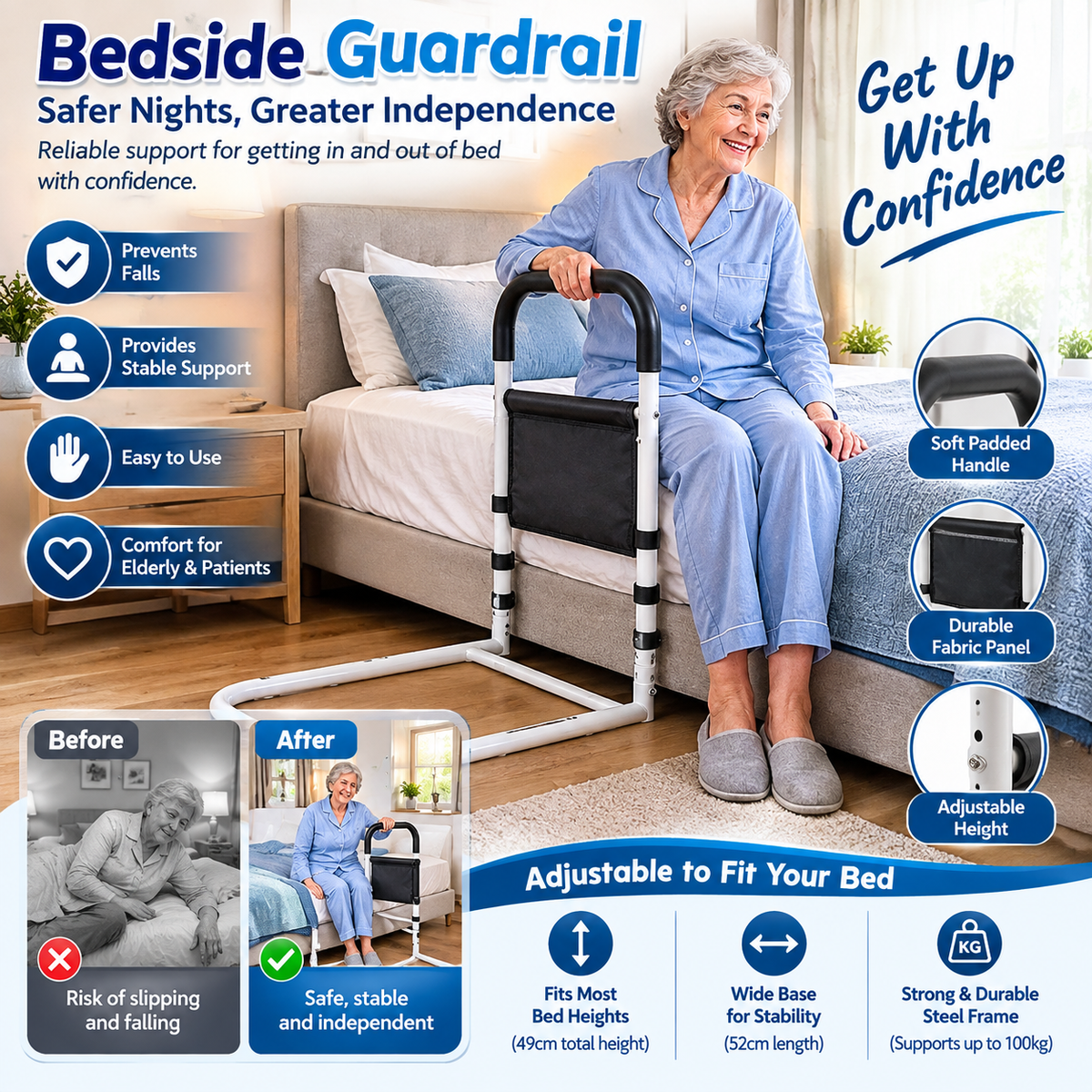 Bedside Guardrail – Adjustable Bed Safety Rail with Secure Support