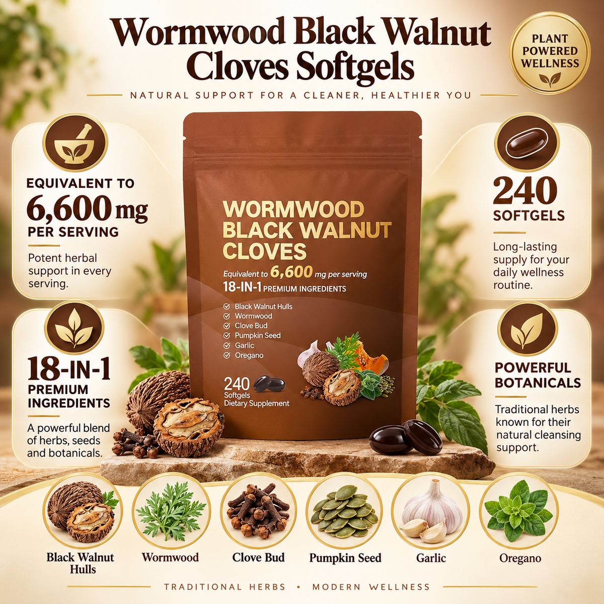 Wormwood, Black Walnut & Clove Capsules – 18-in-1 Herbal Supplement