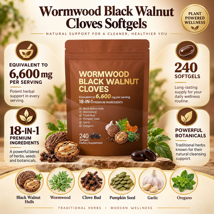 Wormwood, Black Walnut & Clove Capsules – 18-in-1 Herbal Supplement