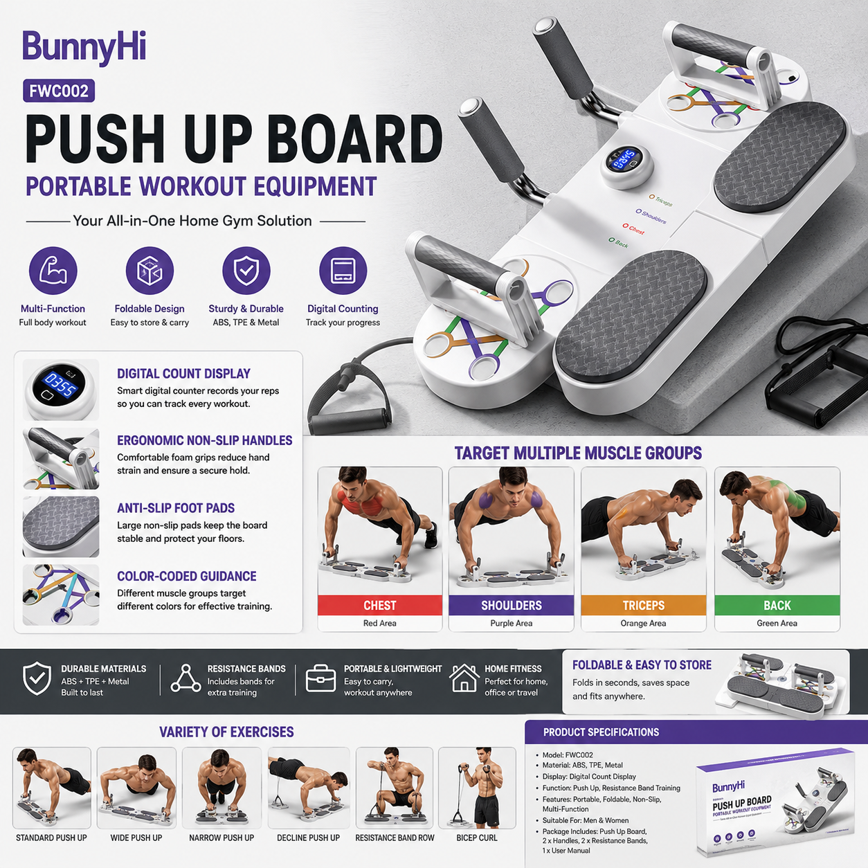 Portable Home Workout Equipment with Resistance Bands & Digital Counter