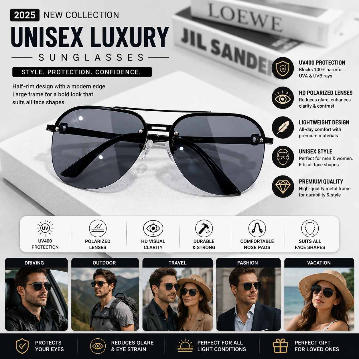 2025 Luxury Half-Rim UV400 Sunglasses – Large-Frame Unisex Fashion Eyewear