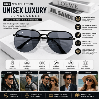 2025 Luxury Half-Rim UV400 Sunglasses – Large-Frame Unisex Fashion Eyewear