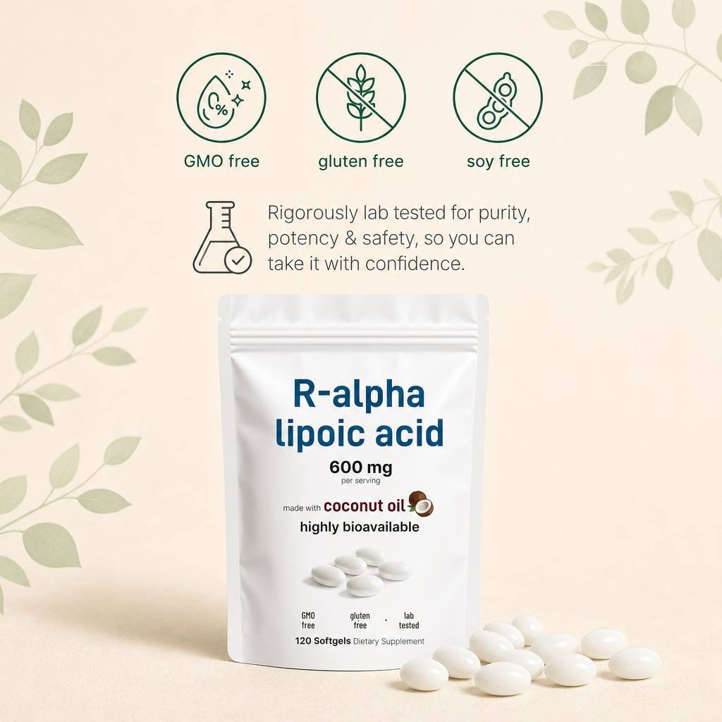 Coconut Oil Based R-Alpha Lipoic Acid Softgels – 120 Count Antioxidant Wellness Supplement