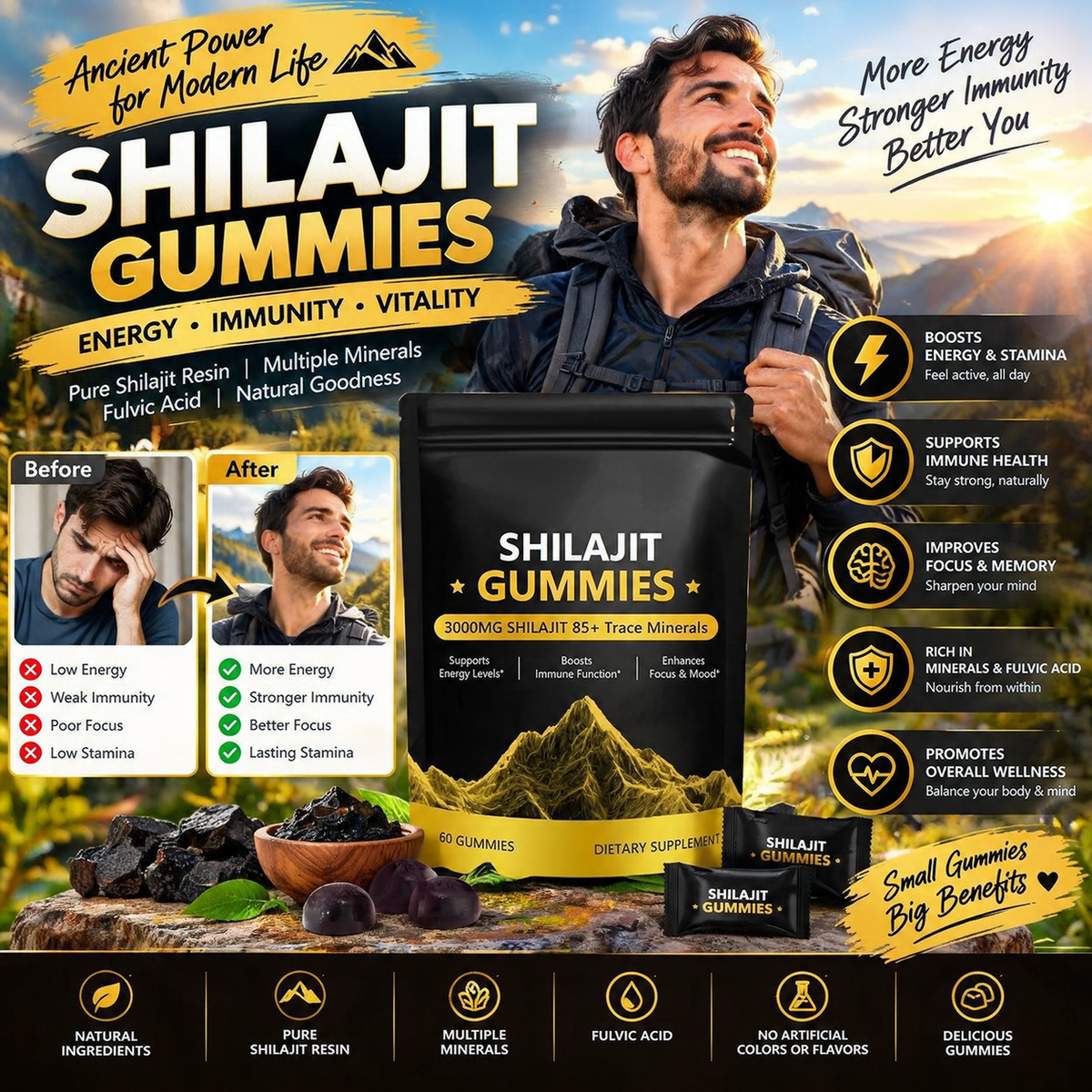 Gold Shilajit Gummies – Fulvic Acid & Mineral Wellness Supplement