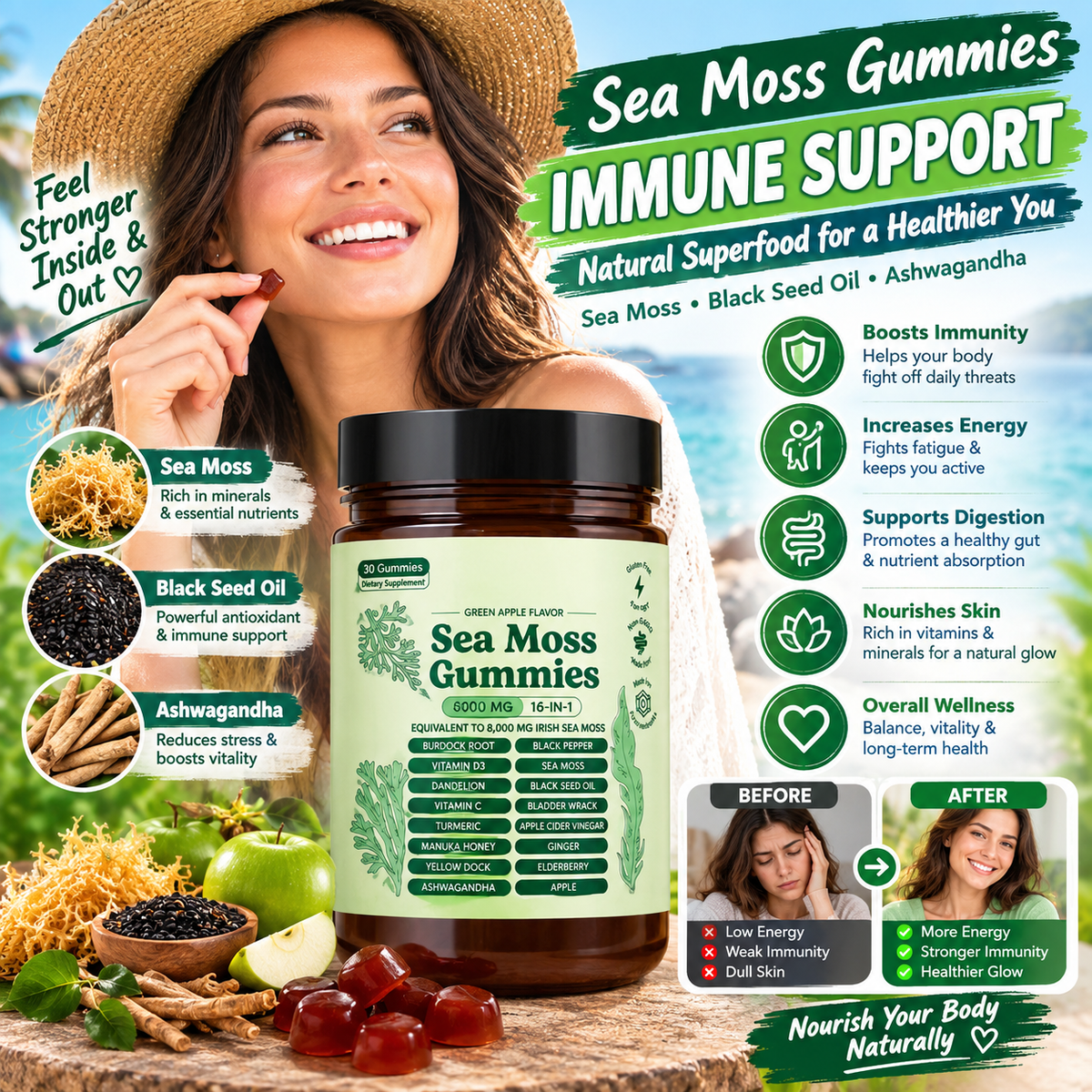 Sea Moss Glow Gummies – Seaweed, Black Seed Oil & Ashwagandha