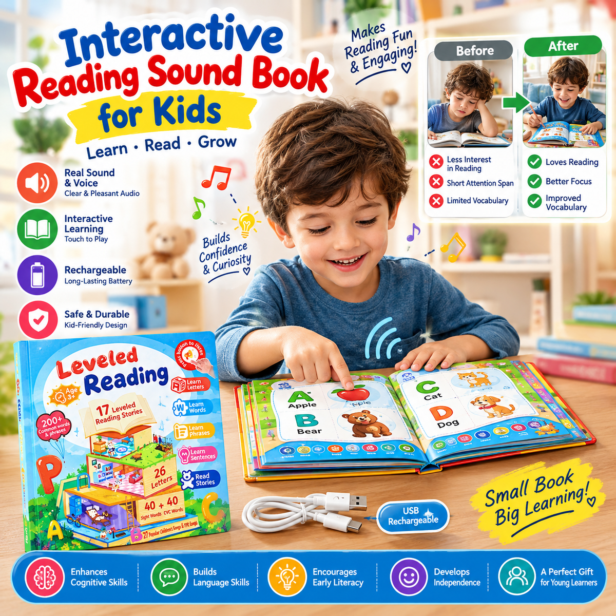 Interactive Reading Sound Book for Kids – Rechargeable Learning Toy