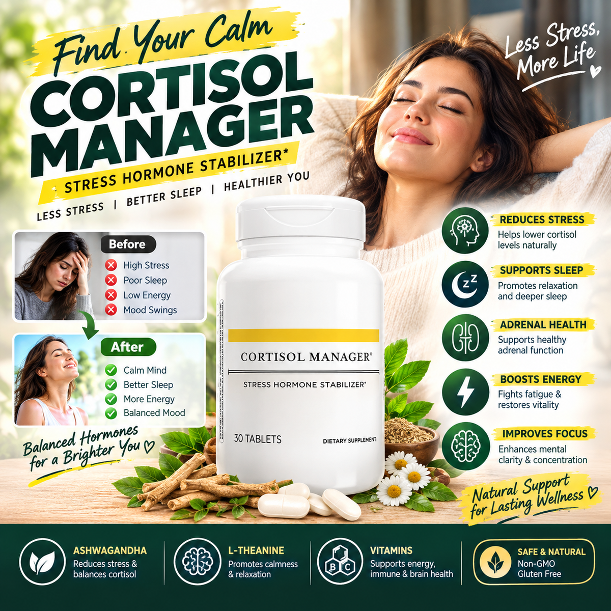 Cortisol Manager Supplement – Ashwagandha, L-Theanine & Vitamins for Stress & Sleep Support