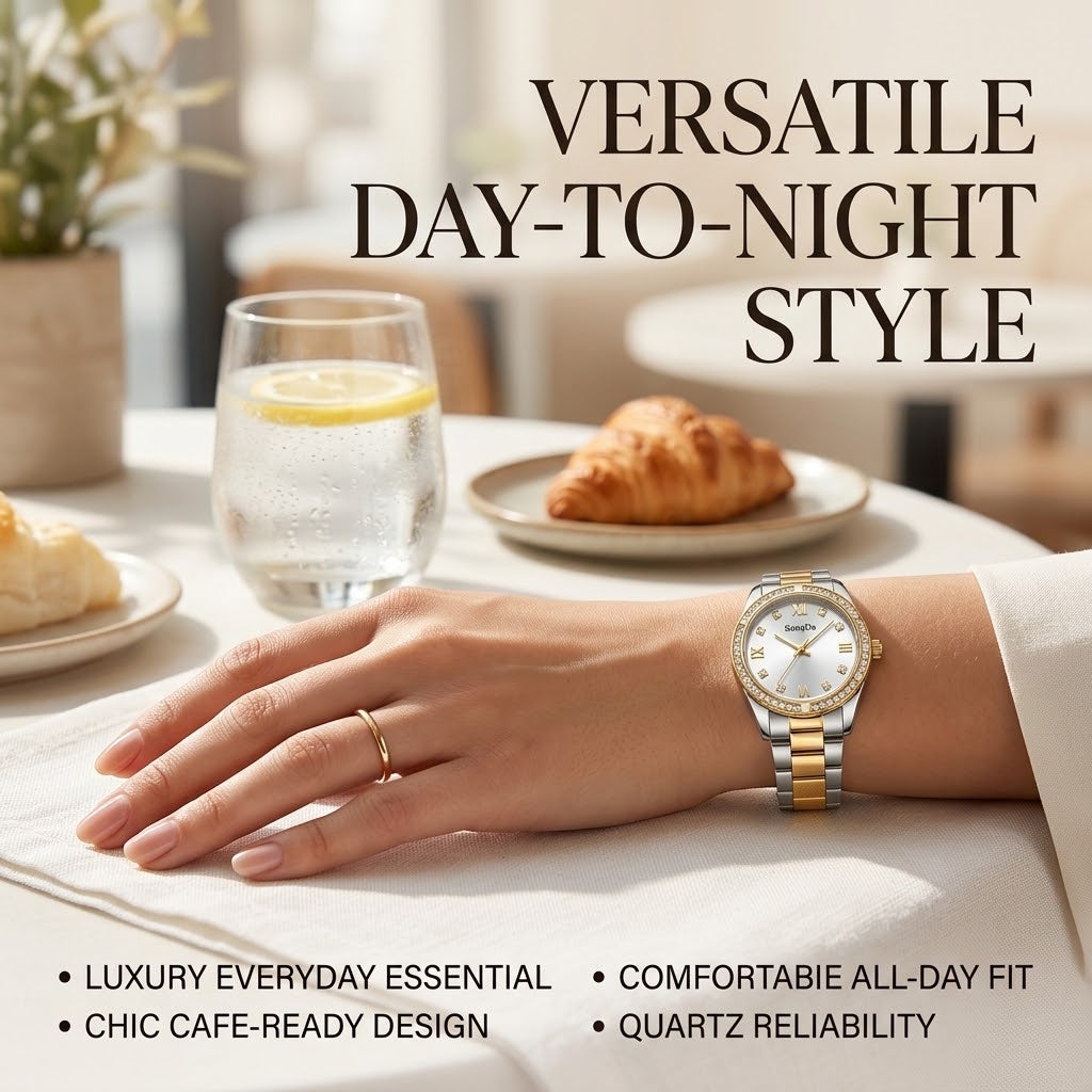 Women’s Luxury Quartz Watch – Sunray Dial, Crystal Fluted Bezel & Two-Tone Metal Bracelet