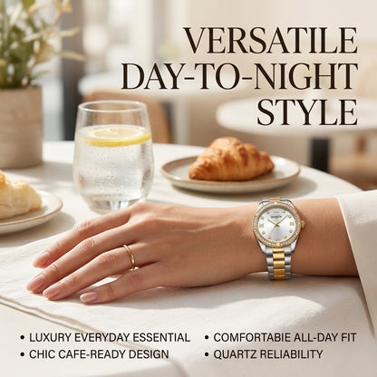 Women’s Luxury Quartz Watch – Sunray Dial, Crystal Fluted Bezel & Two-Tone Metal Bracelet