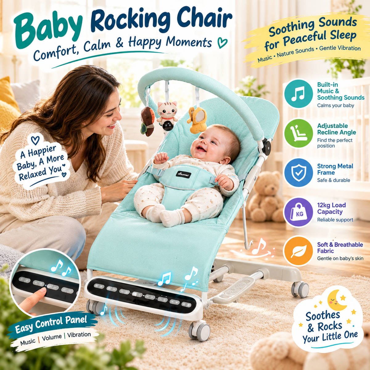 Baby Rocking Chair with Music, Adjustable Recline & Metal Frame
