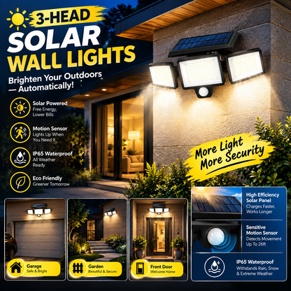 3-Head Solar Wall Lights – IP65 Waterproof Outdoor Motion Sensor Lamps