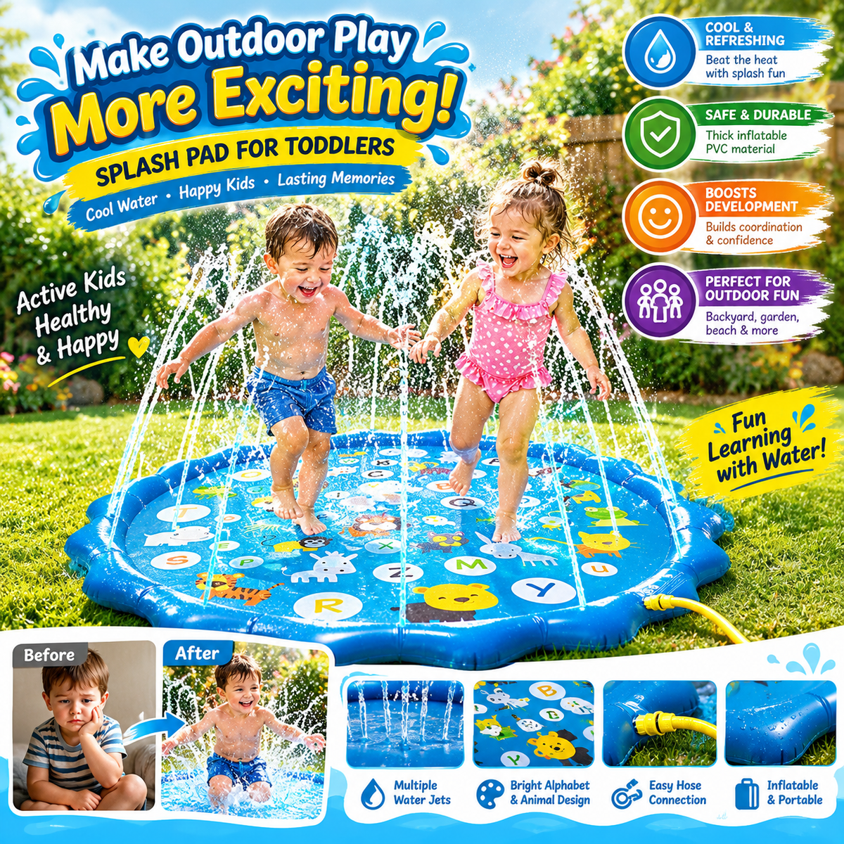 Toddler Splash Pad Sprinkler – Outdoor Water Play Mat for Babies and Kids