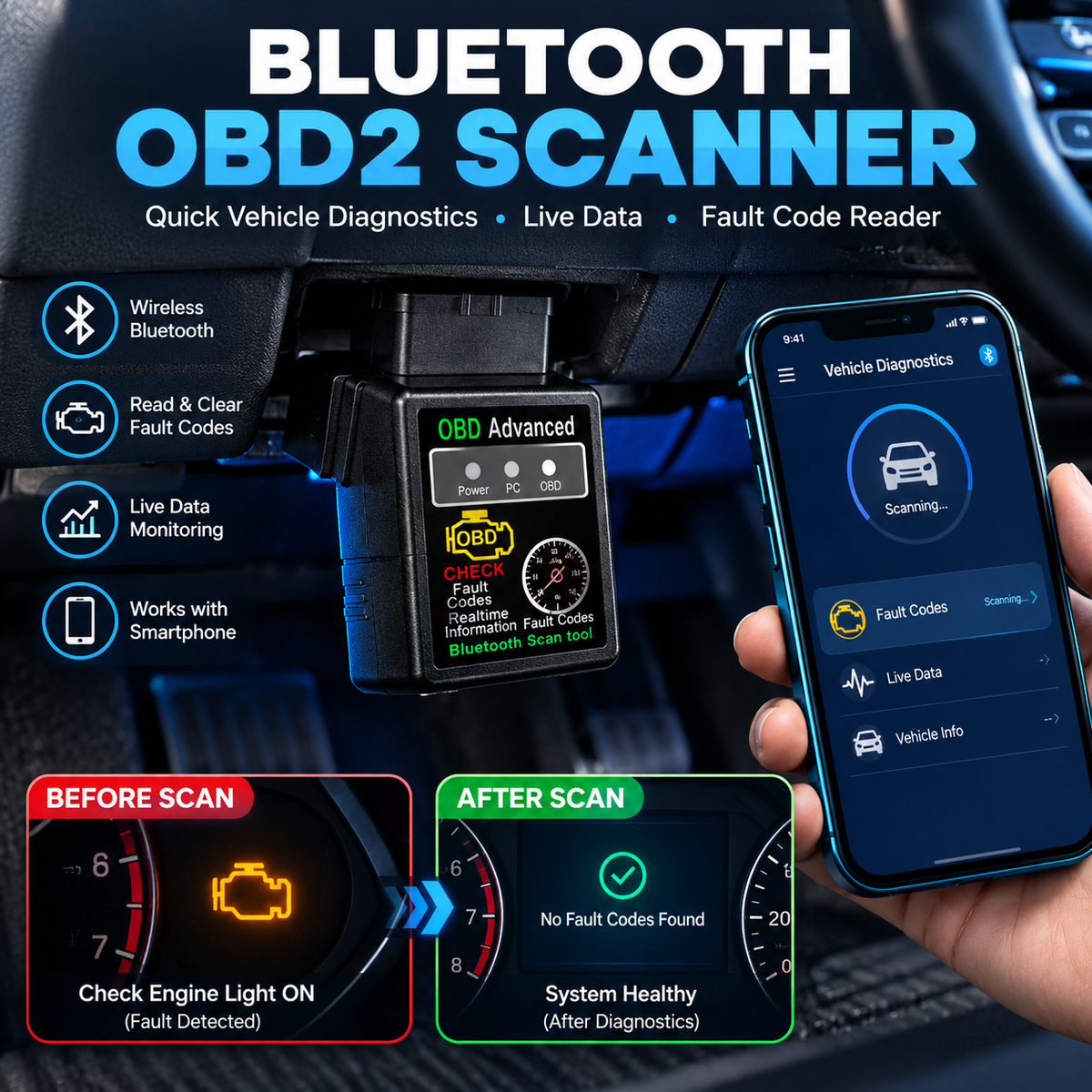 Bluetooth OBD2 Scanner – Wireless Car Diagnostic Code Reader & Auto Fault Detector