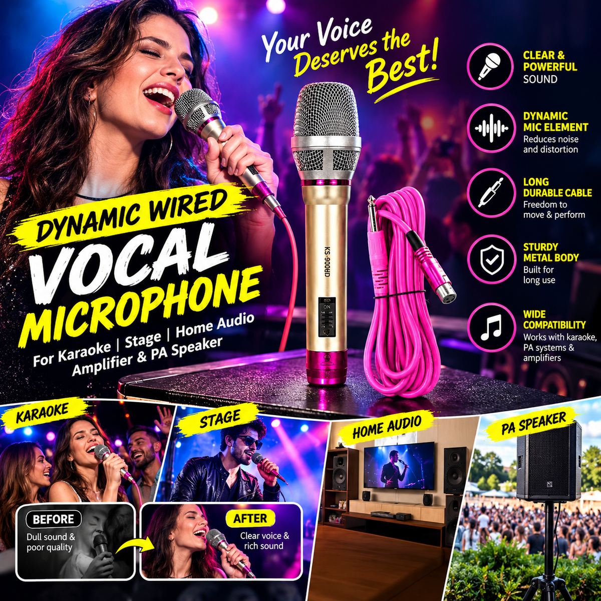 Dynamic Wired Vocal Microphone – Handheld Stage Mic for Karaoke, Home Audio & PA Speakers