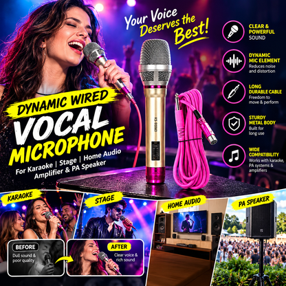 Dynamic Wired Vocal Microphone – Handheld Stage Mic for Karaoke, Home Audio & PA Speakers