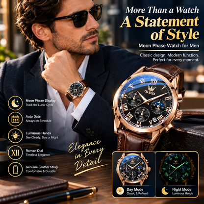 Men’s Moon Phase Watch – Roman Dial with Auto Date & Luminous Hands
