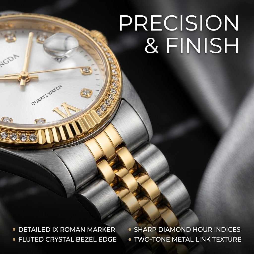 Women’s Luxury Quartz Watch – Sunray Dial, Crystal Fluted Bezel & Two-Tone Metal Bracelet