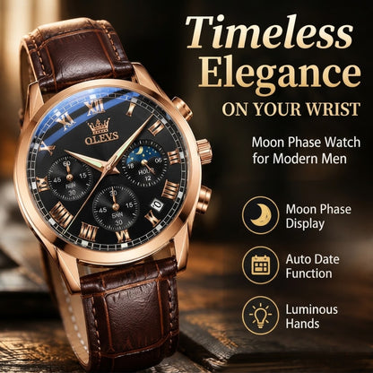 Men’s Moon Phase Watch – Roman Dial with Auto Date & Luminous Hands