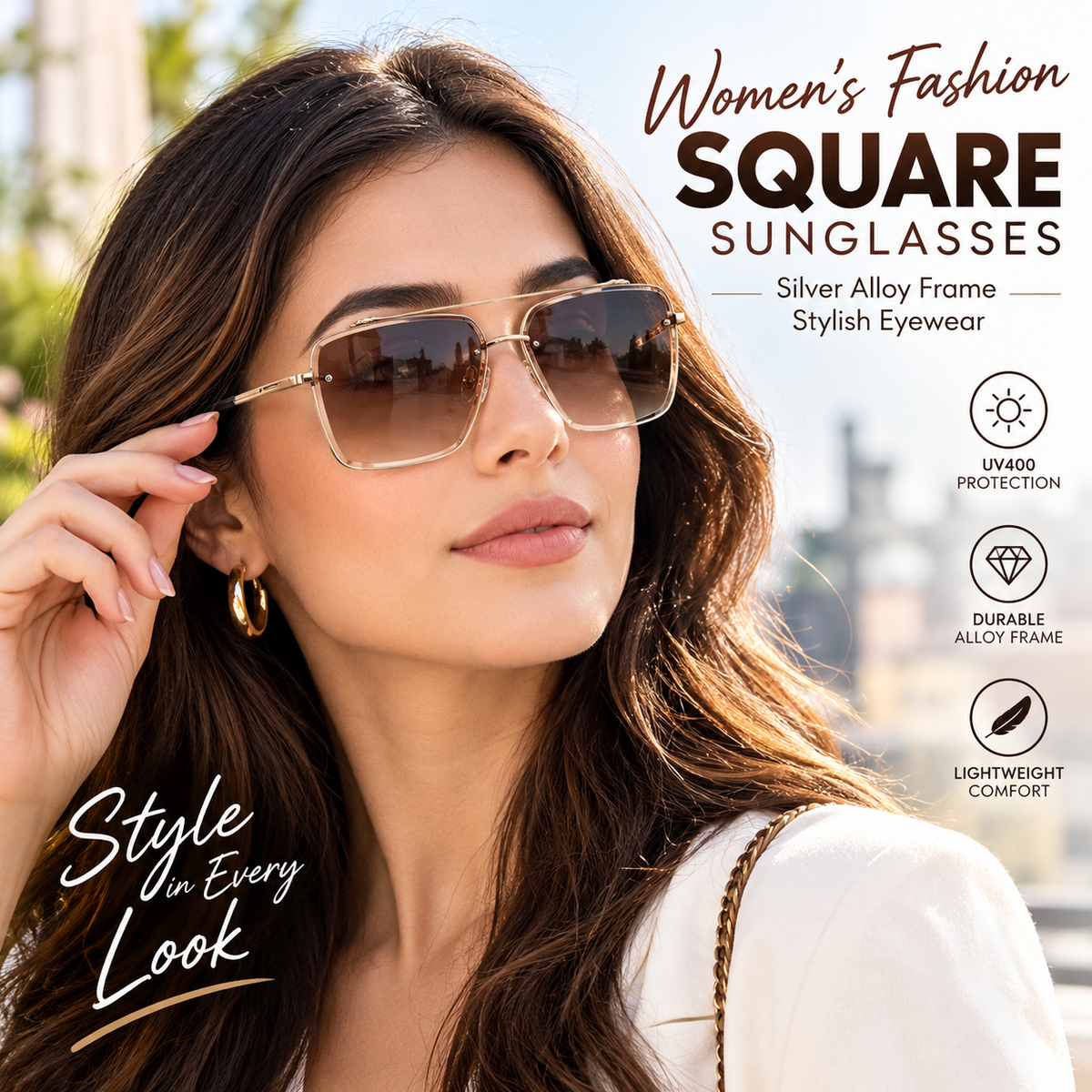 Women’s Fashion Square Sunglasses – Silver Alloy Frame Stylish Eyewear