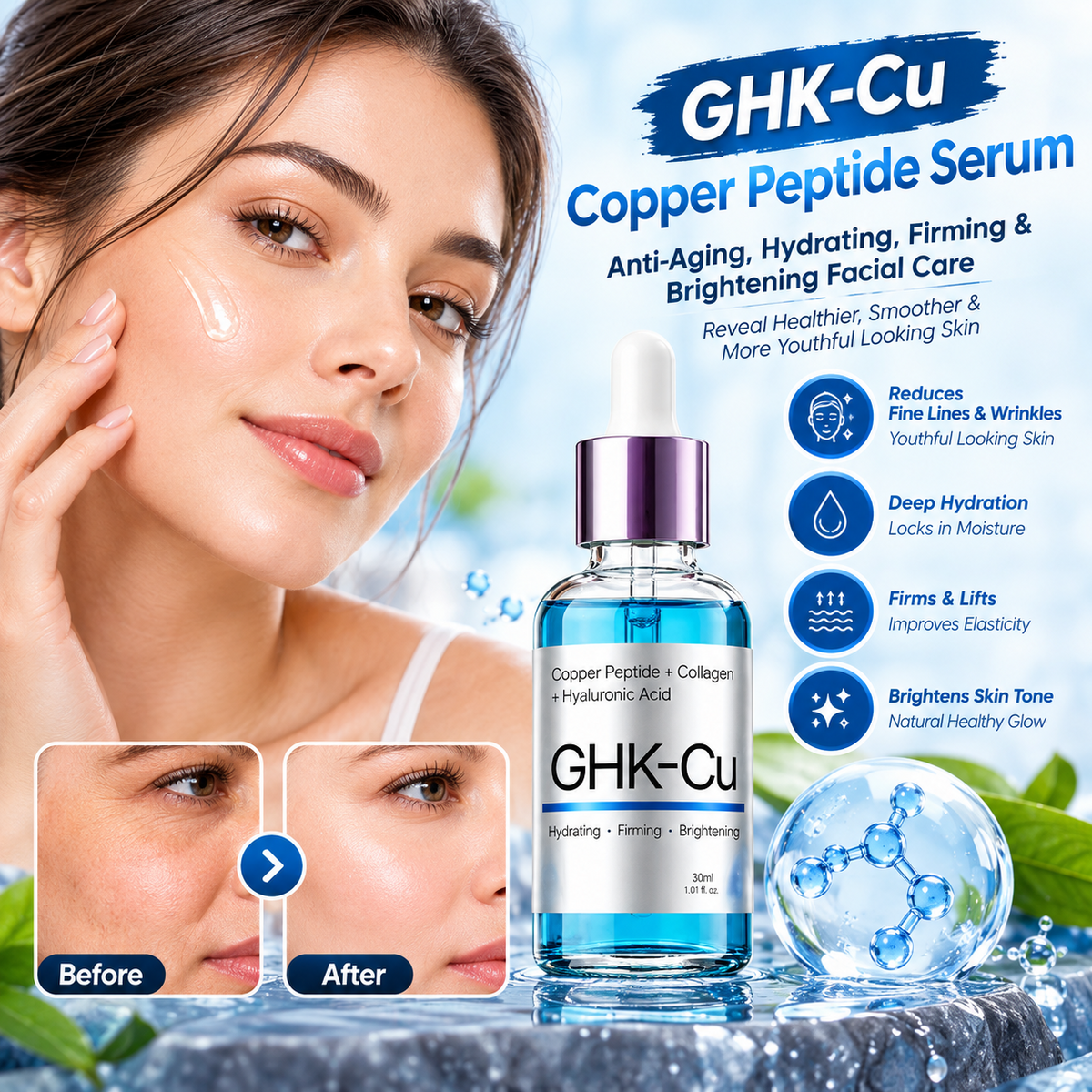 GHK-Cu Copper Peptide Serum – Anti-Aging, Hydrating, Firming & Brightening Facial Care