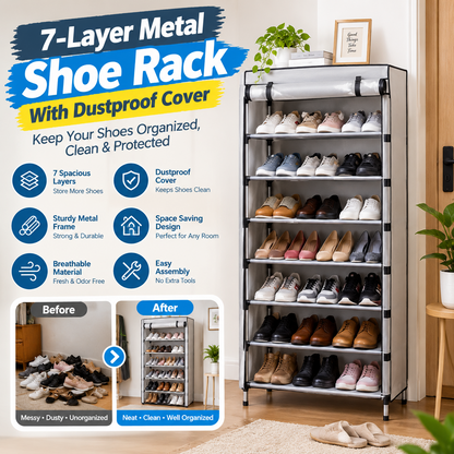 Tier Metal Shoe Rack with Dustproof Cover – Space-Saving Shoe Organizer