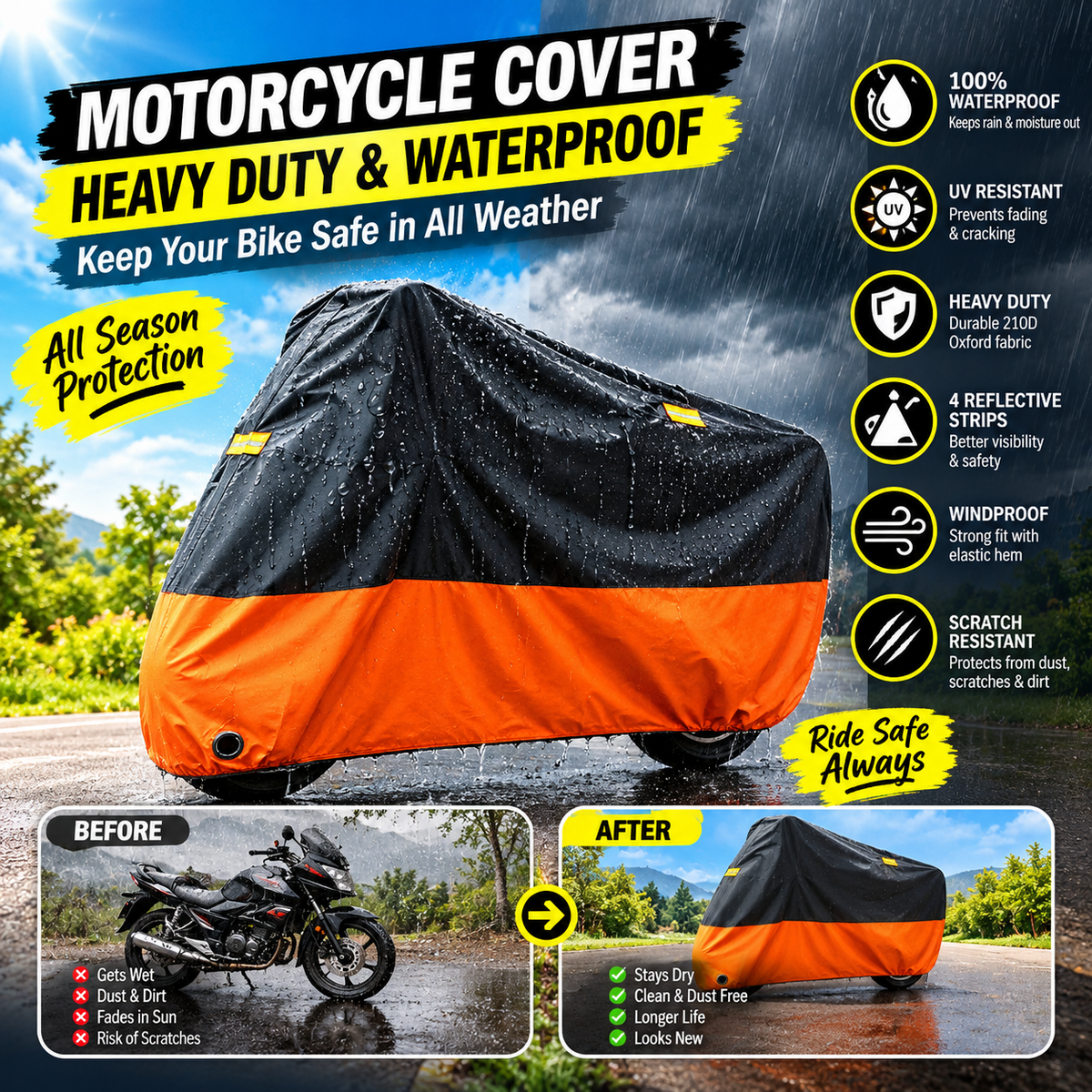 Heavy-Duty Waterproof Motorcycle Cover 210D