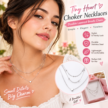 Tiny Heart Choker Necklace – Double-Layered Beaded Stainless Steel Jewelry for Women