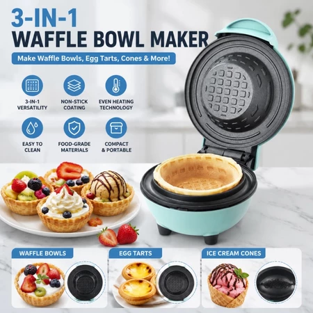 Waffle Bowl Maker – Non-Stick Breakfast Maker for Egg Tarts, Cones & Waffle Cups