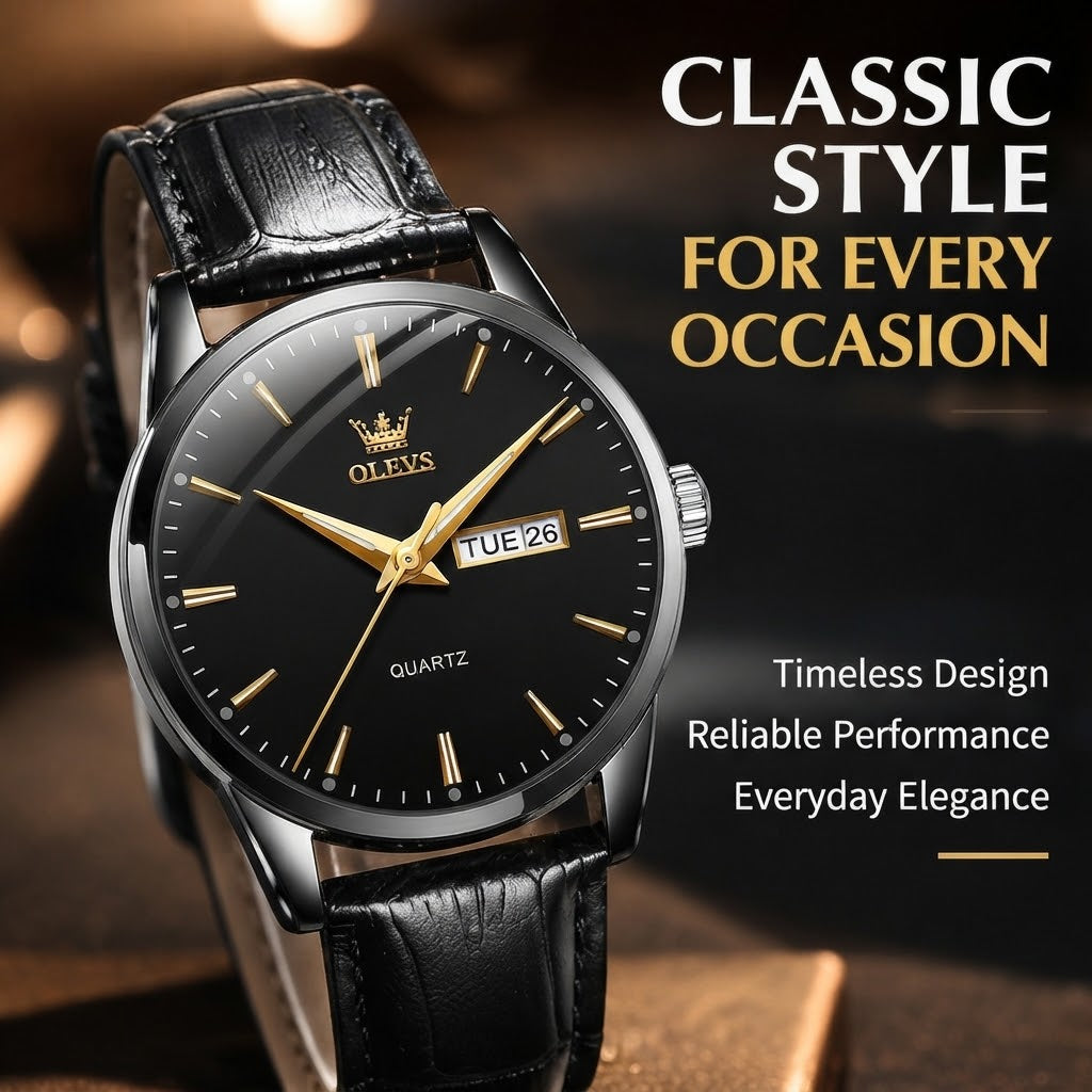 Men’s Genuine Leather Strap Watch with Calendar & Luminous Dial