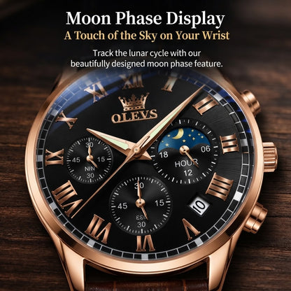 Men’s Moon Phase Watch – Roman Dial with Auto Date & Luminous Hands