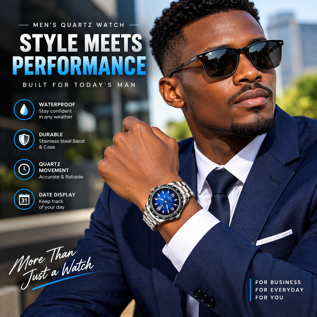 Men’s Quartz Watch – Waterproof Stainless Steel Business Wristwatch with Date Display