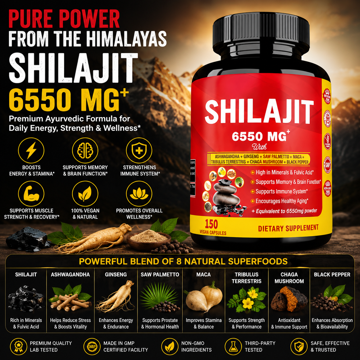 High-Potency Shilajit Capsules – Vegan Herbal Supplement with Ashwagandha & Ginseng