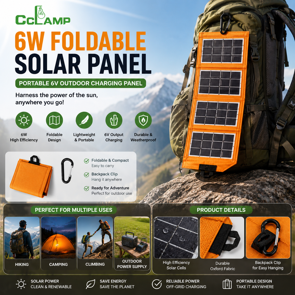 6W Foldable Solar Panel – Portable 6V Outdoor Charging Panel with Backpack Clip