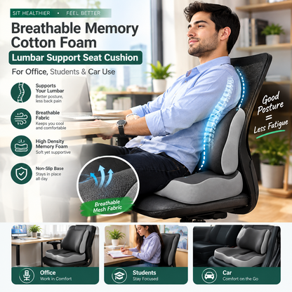 Breathable Memory Foam Lumbar Support Seat Cushion – Comfortable Office, Student & Car Use
