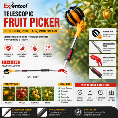 Fruit Picker Tool – Long-Reach Stainless Steel Pole with Soft Rubber Paw for Easy Harvesting