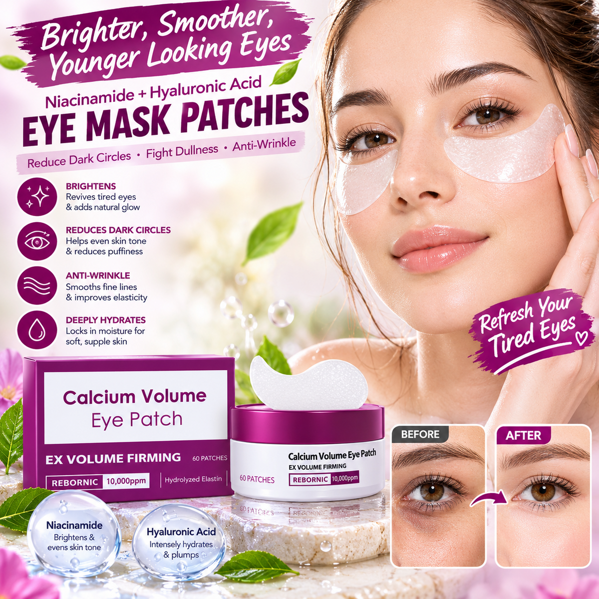 Niacinamide & Hyaluronic Acid Vegan Eye Mask Patches – Brightening, Hydrating & Anti-Wrinkle Care