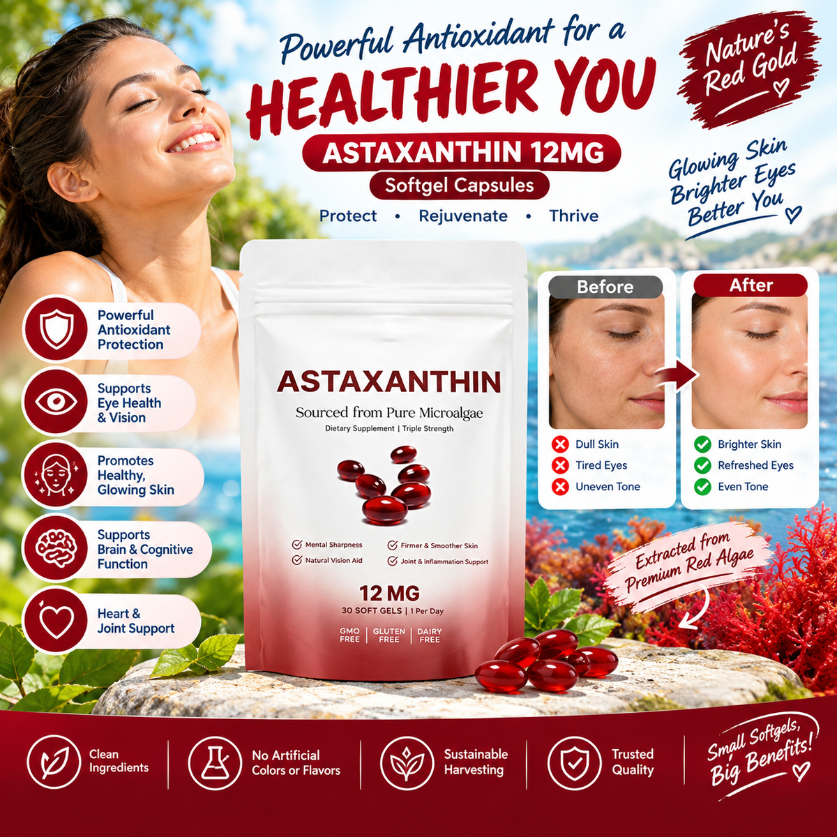 Astaxanthin 12mg Softgel Capsules – Antioxidant Support, 30 Count