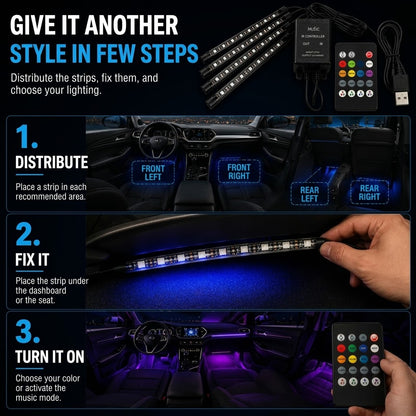 RGB Car Interior LED Strip Lights – USB Ambient Lighting with Remote