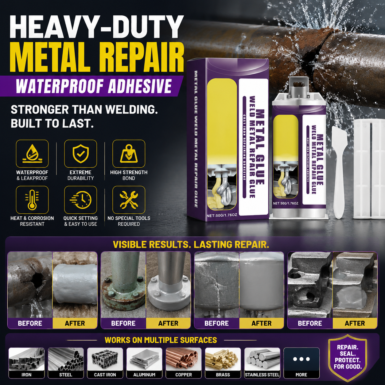Heavy-Duty Metal Repair Waterproof Adhesive for Cracks, Leaks