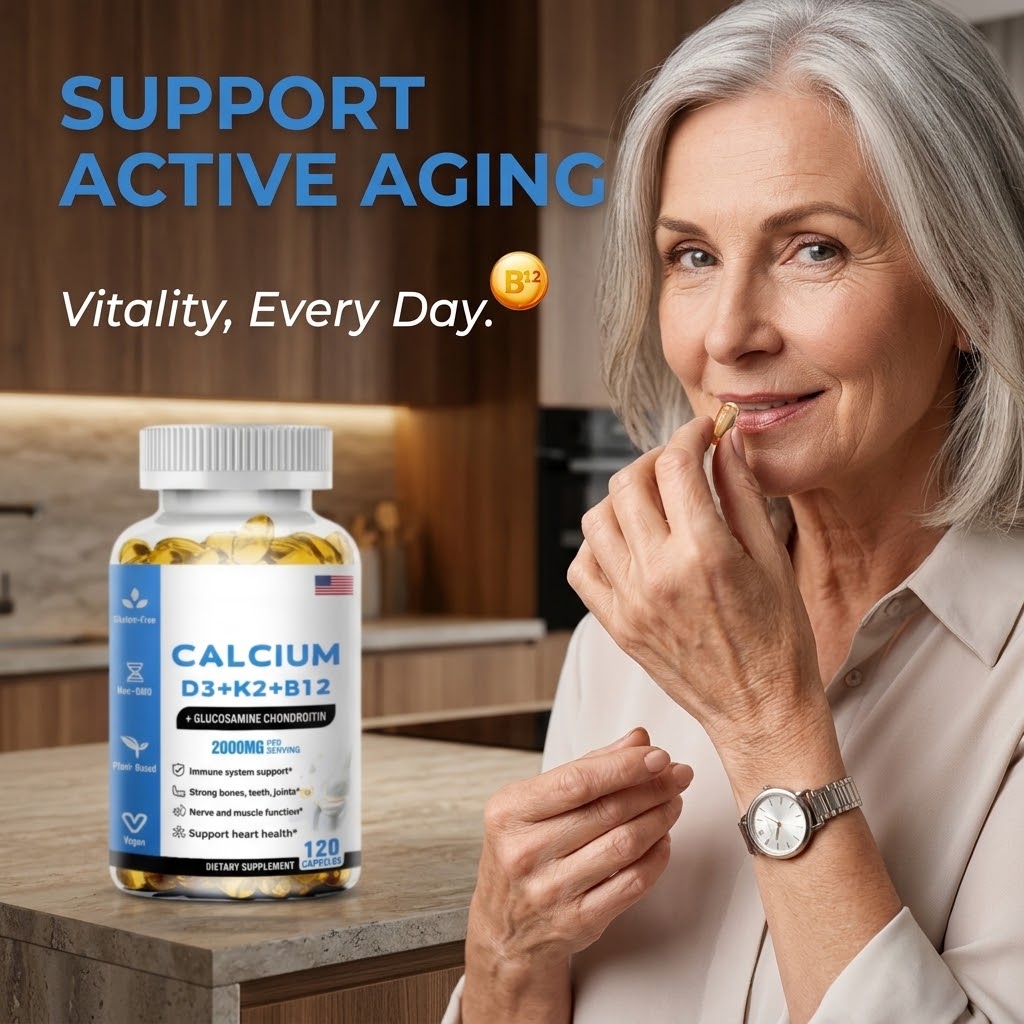Calcium + Vitamins D3, K2 & B12 Softgels – Bone Health Support
